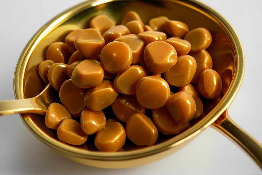 Close-up of golden dietary softgels beside an apothecary spoon and dried botanicals