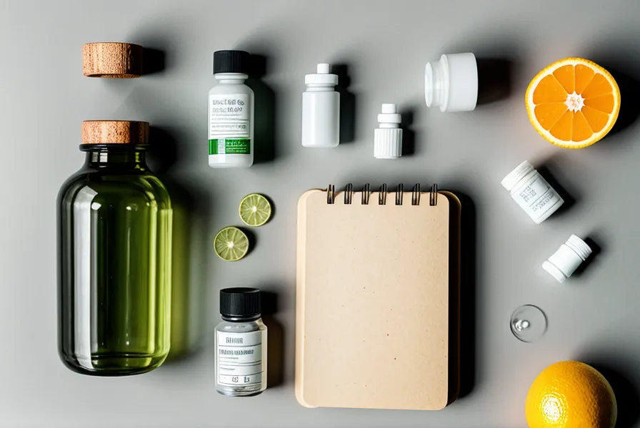 Metabolic supplement bottle arranged with fresh citrus slices and notebook on white surface