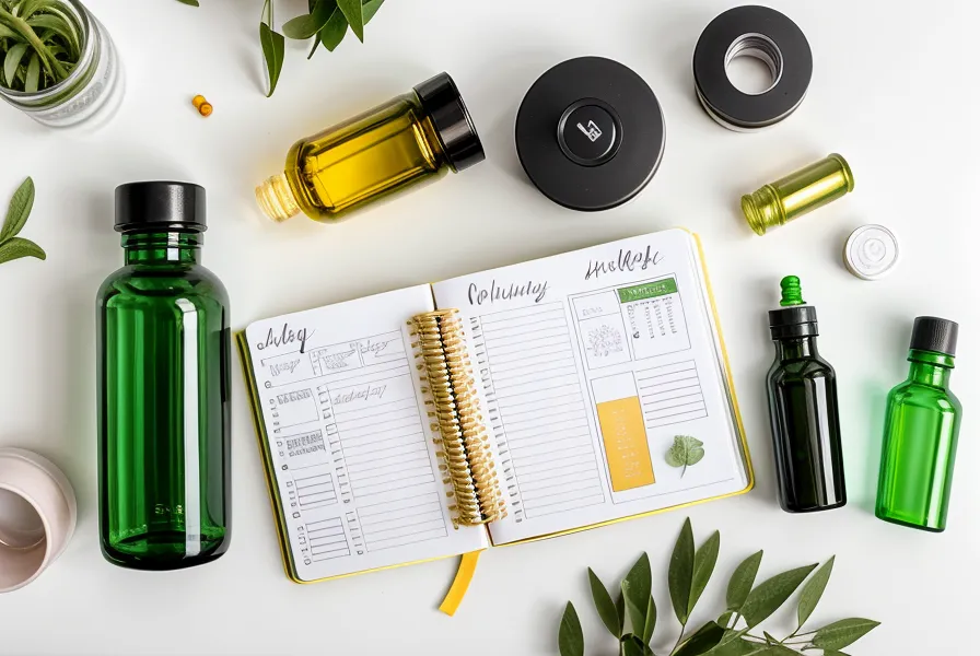 Wellness tracking journal with water glass and supplement bottle