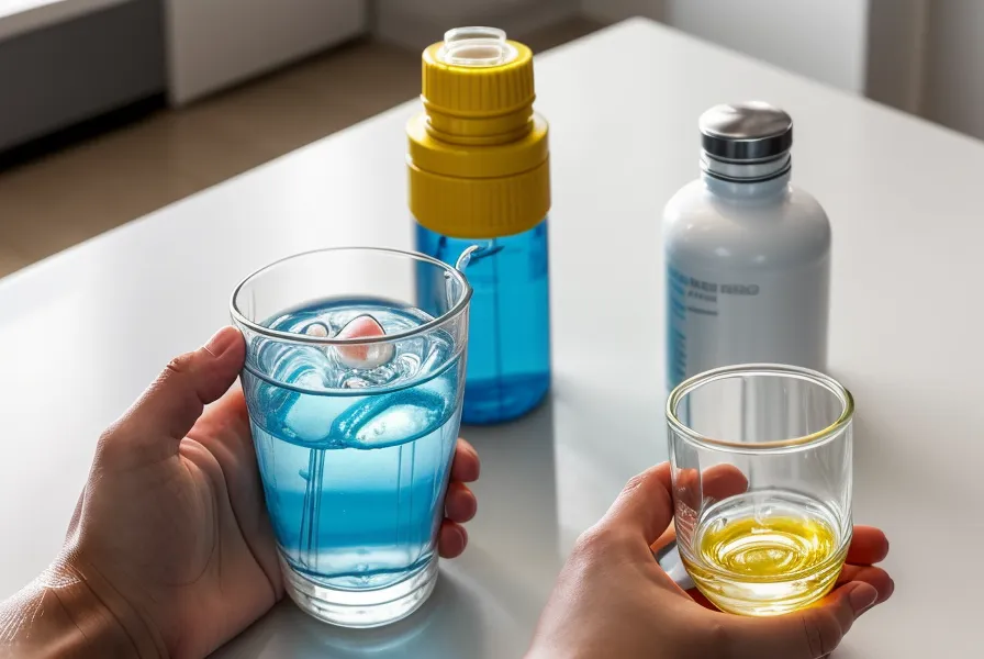 A person holding a glass of water and a bottle of fiber supplements