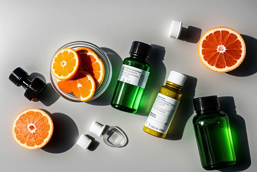 Sliced citrus fruits and supplement capsules arranged on a white background.