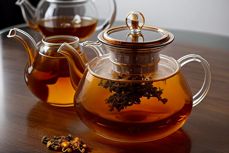 Amber tea in a glass teapot with a temperature gauge.