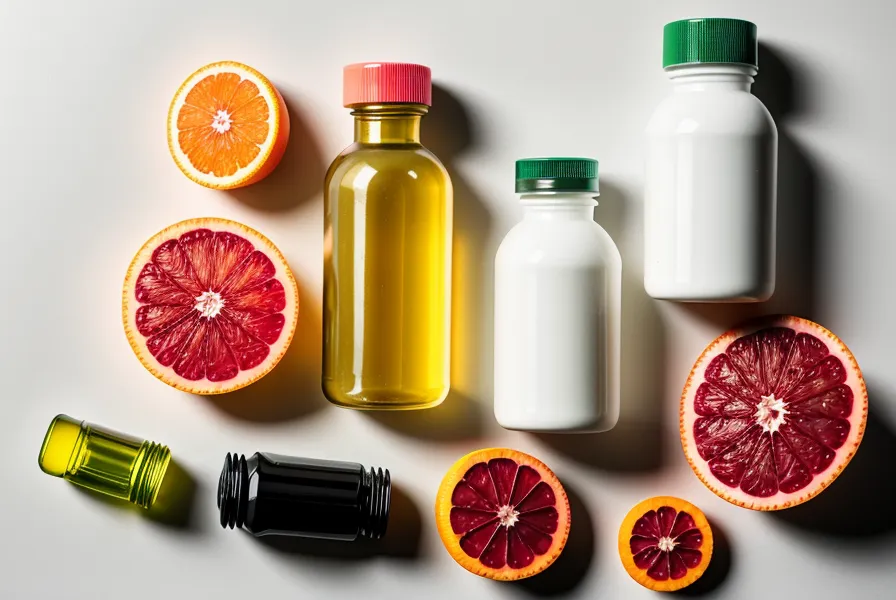 Fresh citrus slices next to natural supplement capsules on a white surface.