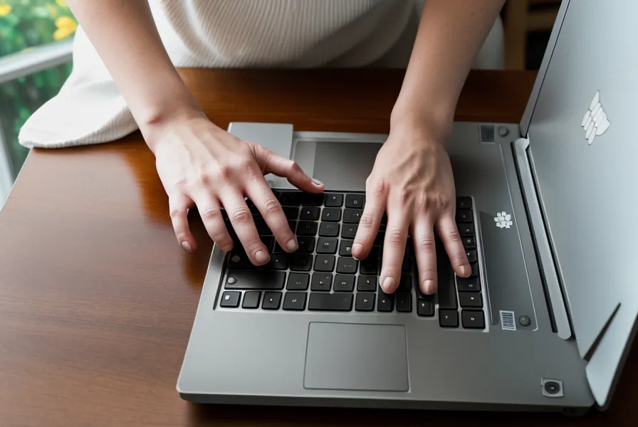 Steady hands typing on a laptop in a bright library setting.