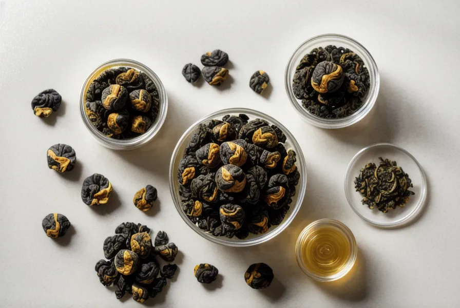Close-up of oxidized oolong tea leaves and a brewing thermometer