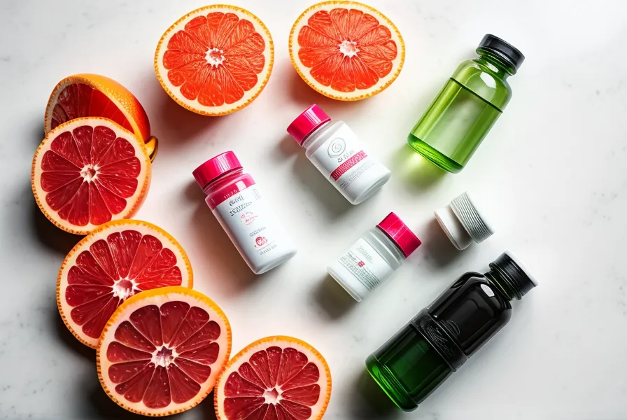 Fresh citrus fruits surrounding a white supplement bottle representing natural ingredients.