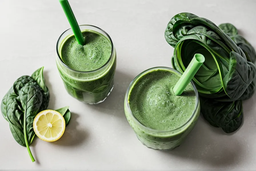 A fresh green smoothie in a blender jar with ingredients scattered around