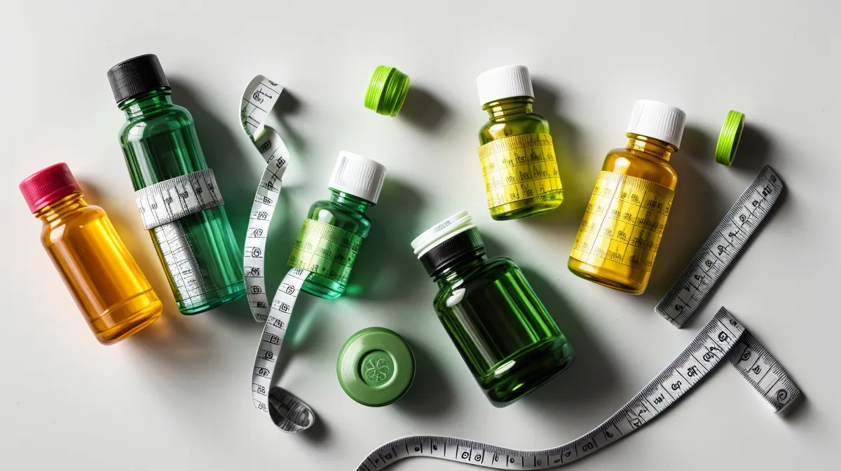 Bottles of weight loss supplements lined up for a label-by-label supplement transparency comparison