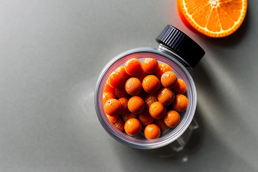 Close-up of a transparent supplement ingredient list with orange zest and peppercorns