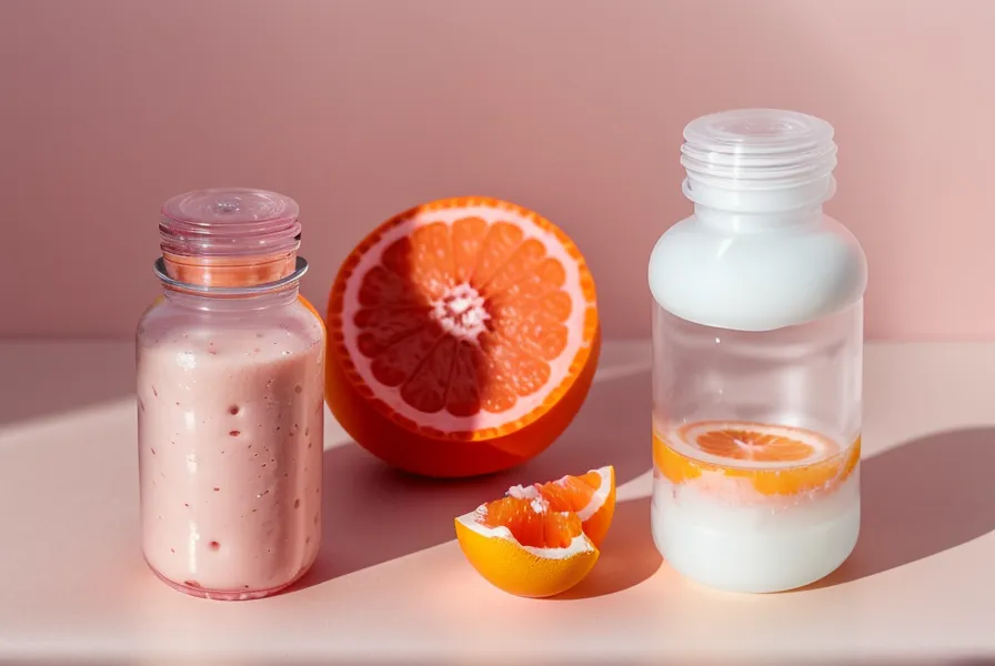 Open supplement bottle with capsules next to fresh grapefruit and water