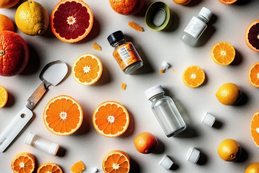 Dried citrus peels next to a transparently labeled supplement bottle.