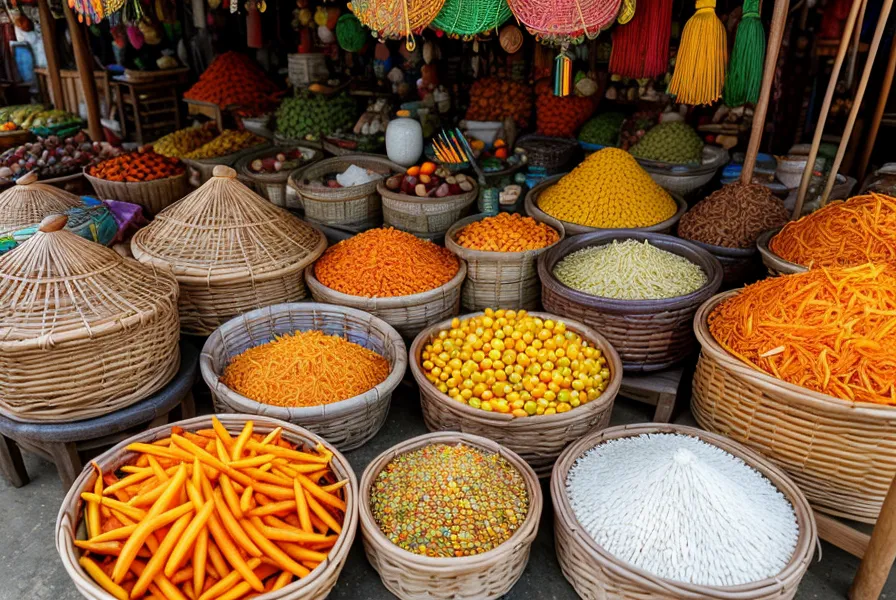 Baskets of dried citrus peels in a Chiang Mai market.