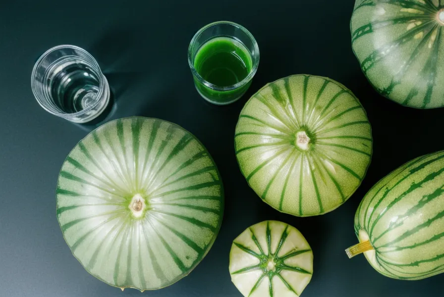 Close-up of a fresh bitter melon and a glass of green juice on a white surface.