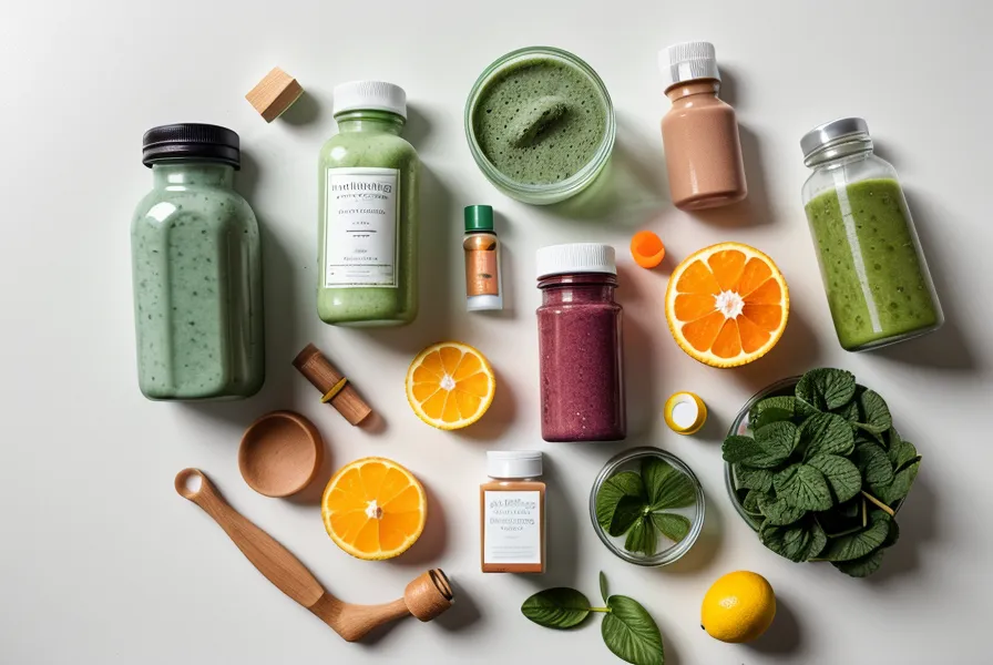 A fresh green smoothie next to lemons and oranges on a clean white surface.