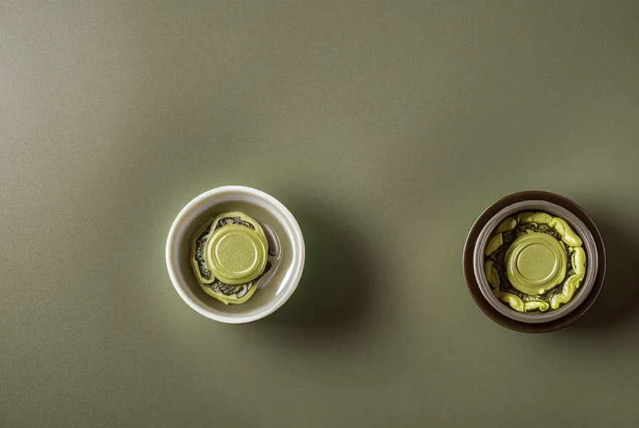 Close up of green tea extract powder and a fresh leaf on a white surface