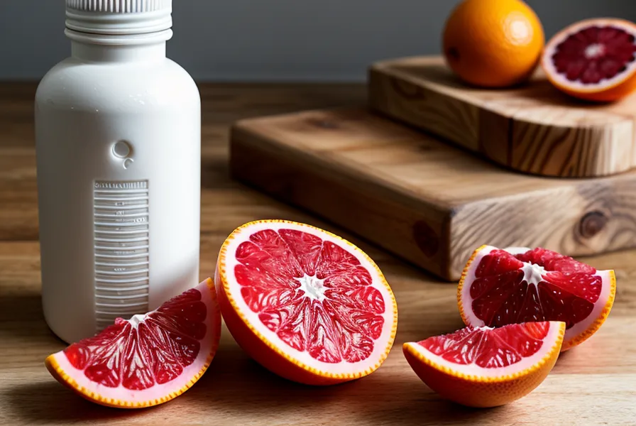 CitrusBurn supplement bottle next to fresh citrus fruits on a wooden cutting board.