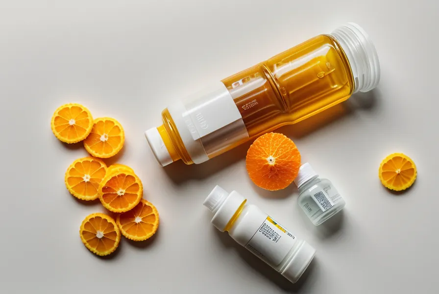 Fresh orange slices and dried citrus peels next to a white supplement bottle.
