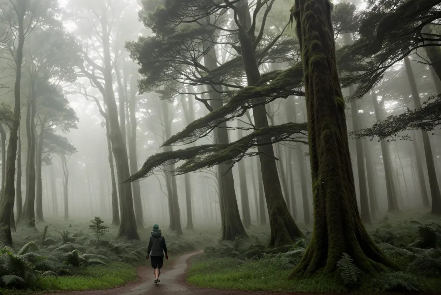 A person walking through the misty green trails of Forest Park in Portland.