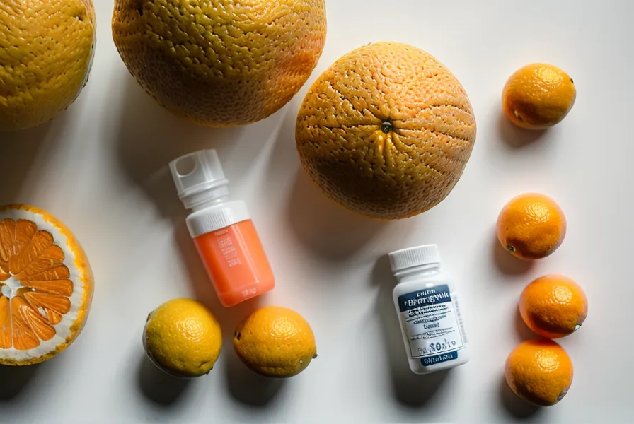 Close-up of a CitrusBurn supplement bottle next to fresh grapefruit.