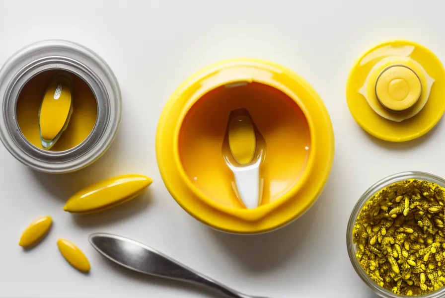 A single berberine capsule opened with bright yellow powder on a white spoon
