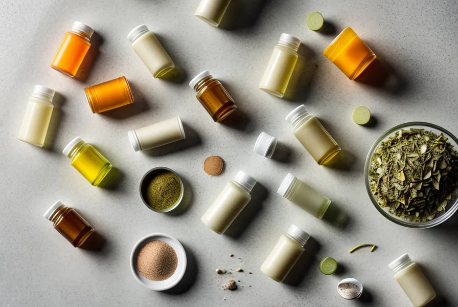 Close up of raw ginger and green tea leaves next to a supplement capsule.