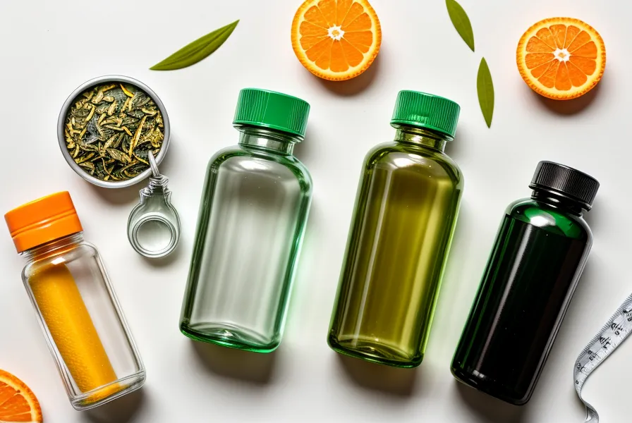 Clear supplement capsules spilled out next to fresh citrus peels on a white surface.