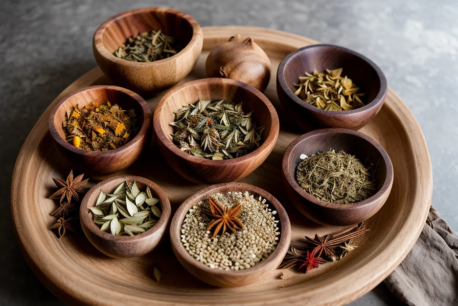 Raw herbs and spices in wooden bowls at a traditional Thai market.