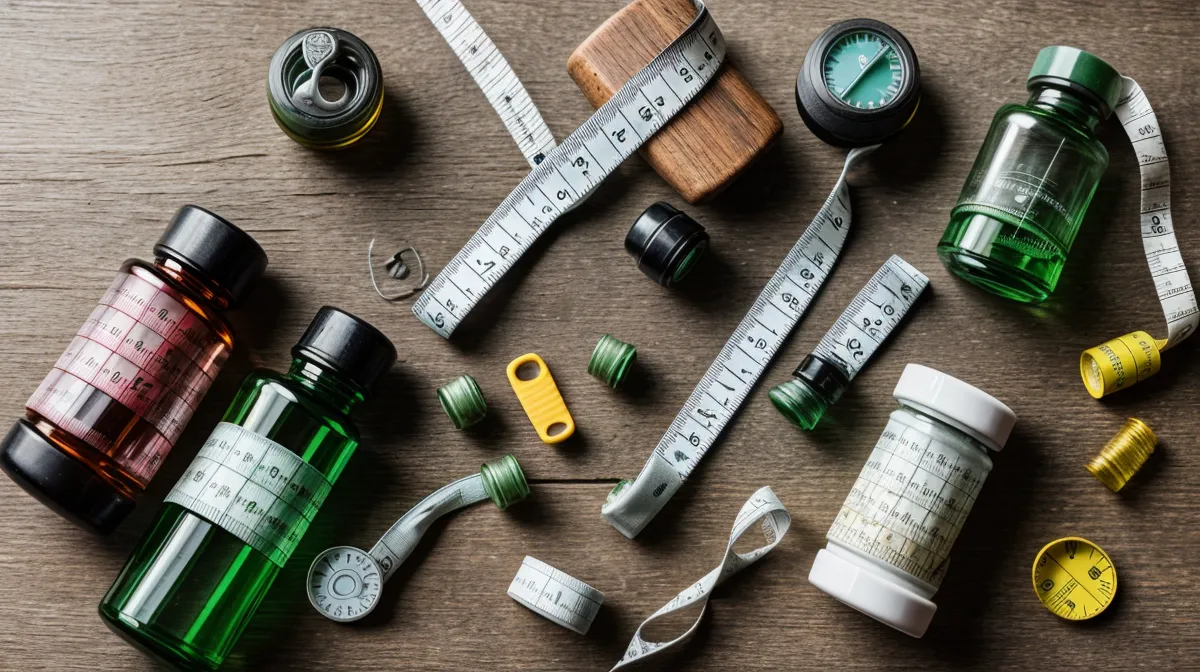 Weight loss supplements bottle with a proprietary blend label at the center of a Portland kitchen transparency test