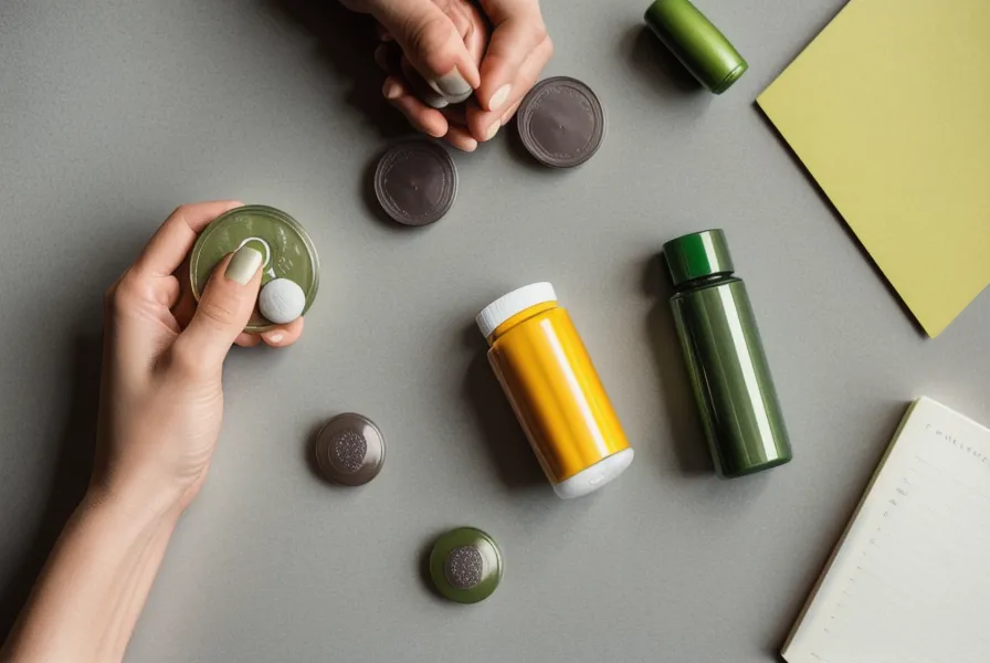 Close-up of a hand holding a weight loss supplement capsule over a notebook filled with handwritten proprietary blend label notes.