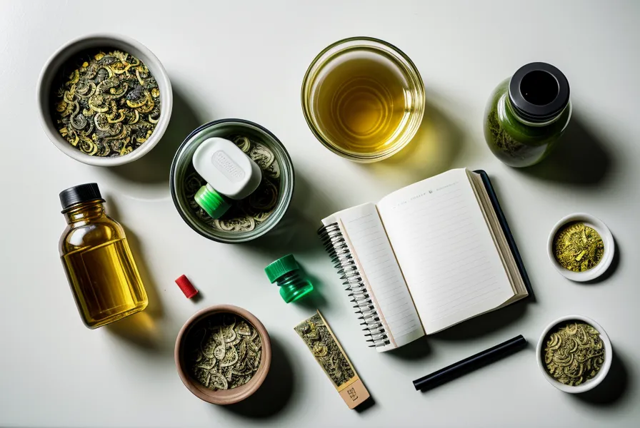 Close-up of a magnifying glass over a supplement label next to a tracking notebook.