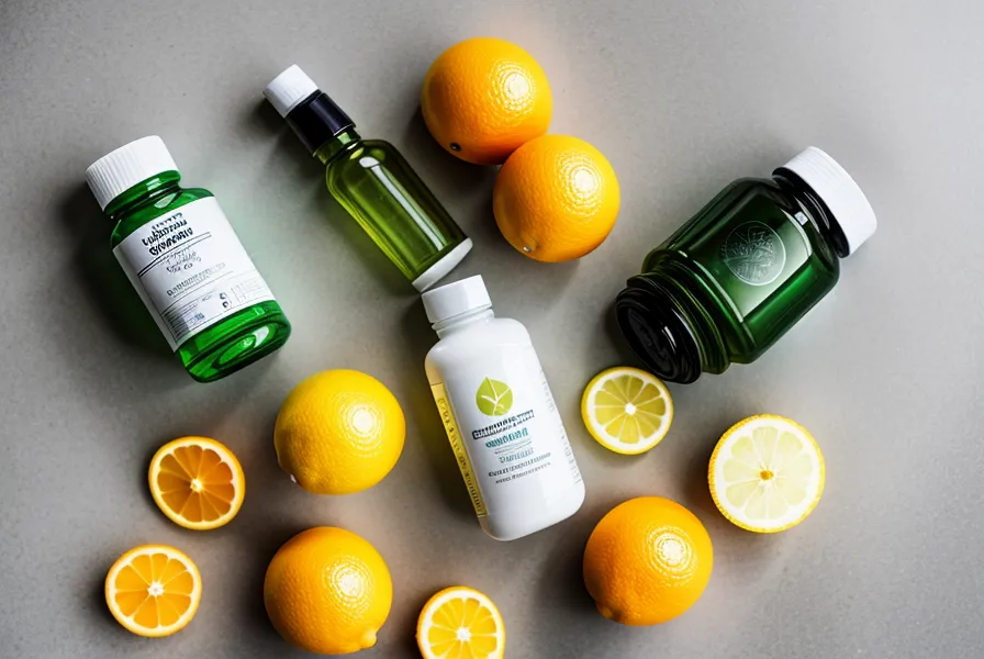Fresh citrus fruits on a kitchen counter next to a transparent supplement bottle.